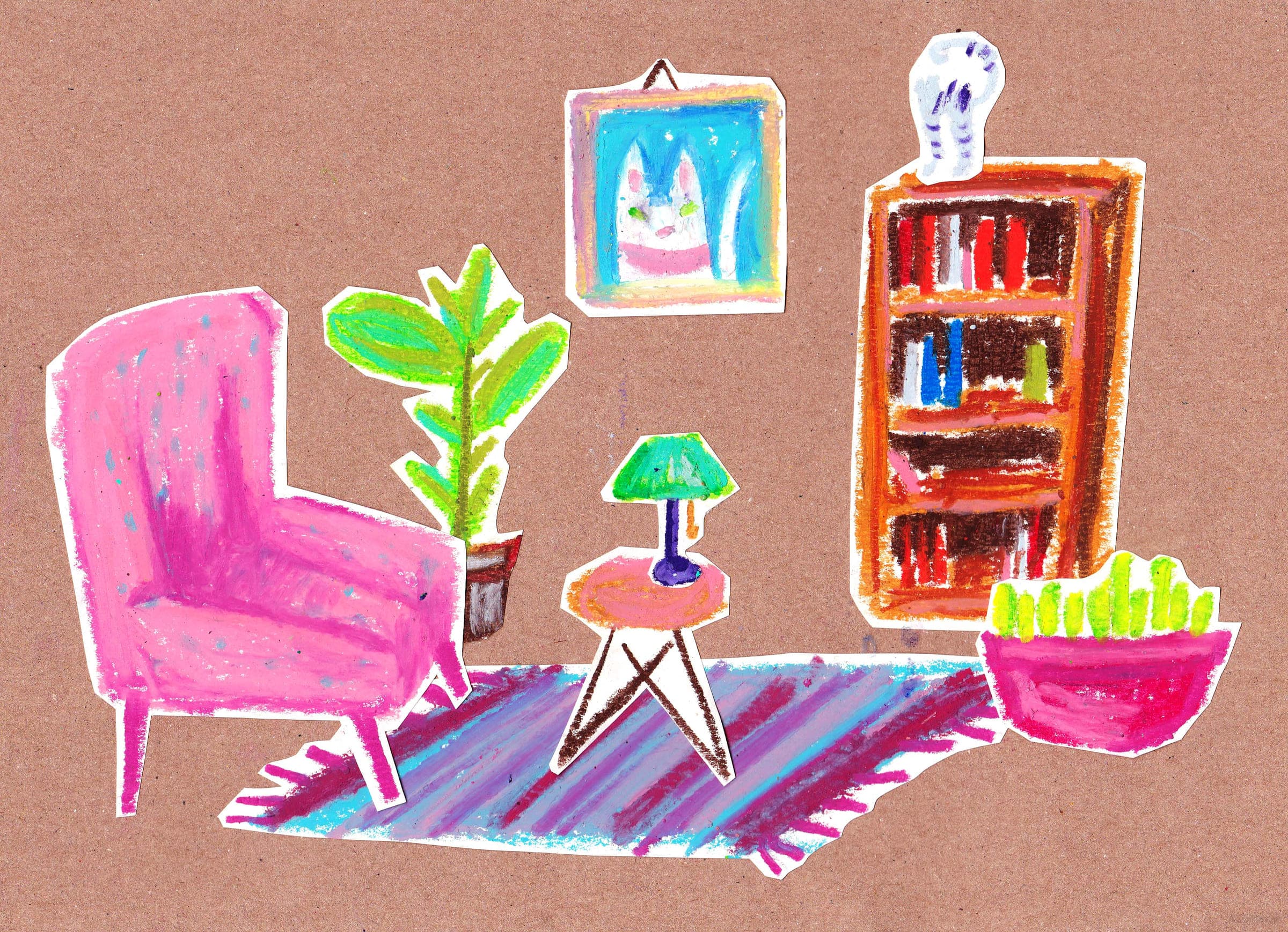 An oil-pastel living room drawn on kraft-brown paper: a pink armchair, a striped rug, a bookcase, a potted plant and a cat portrait hanging on the wall.