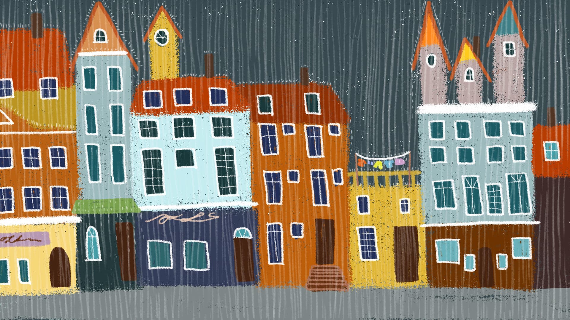 A row of narrow, brightly coloured townhouses in orange, teal and yellow stands against slanting grey rain.