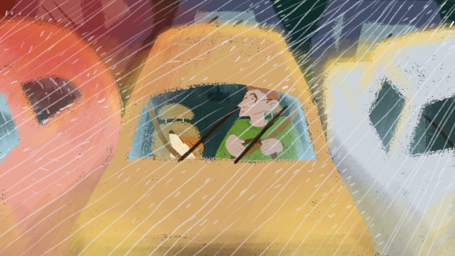 Through a rain-streaked windscreen, a man in a green shirt grips the steering wheel of a yellow car, hemmed in by other cars in the downpour.