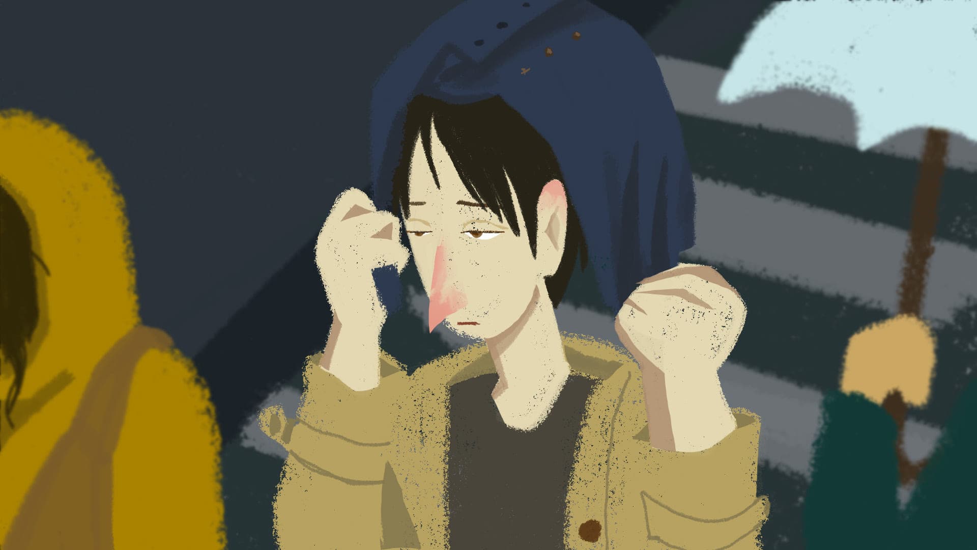 A dark-haired person in a mustard jacket wipes rain from their face at night, blurred figures with umbrellas passing behind them.