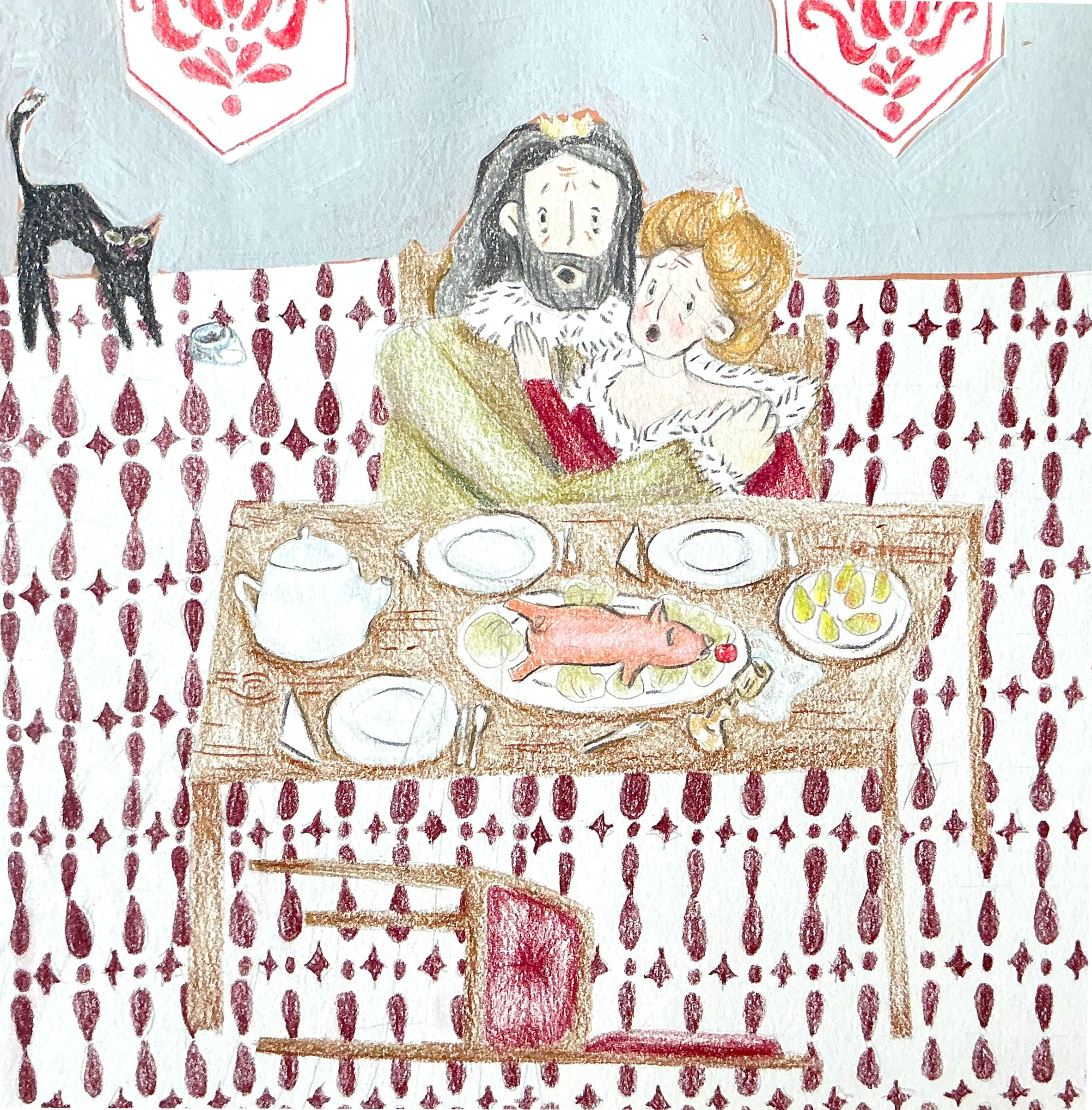 A bearded king and a red-haired queen embrace at a laid dinner table while a black cat arches its back beside them, against a curtain of dark red folk motifs.